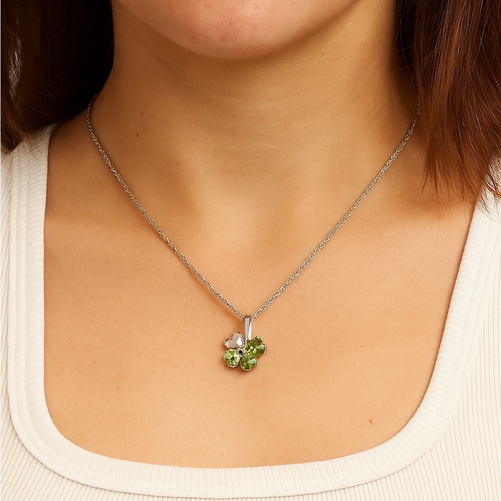 Glencara Sterling Silver Irish Four Leaf Clover Shamrock Necklace Green Crystals